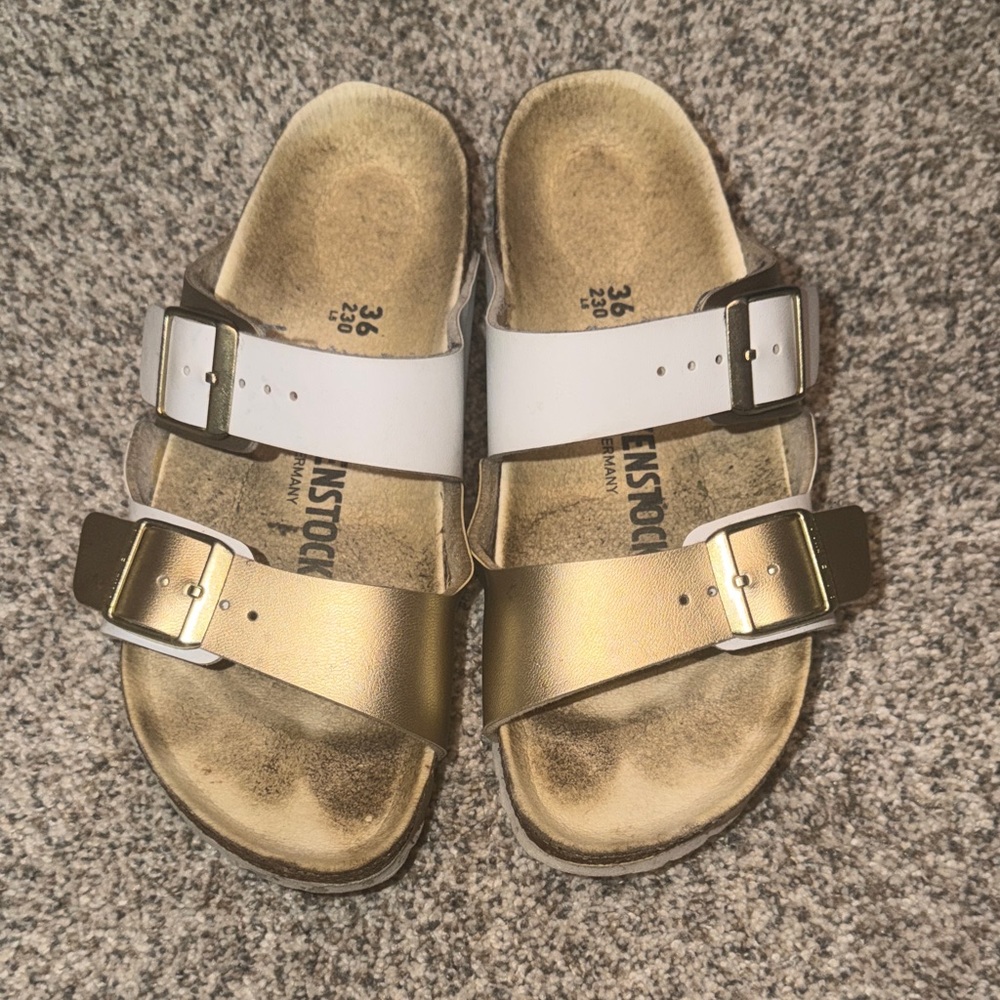 Birkenstock Two-Tone White and Metallic Gold Adjustable Double Buckle Sandals